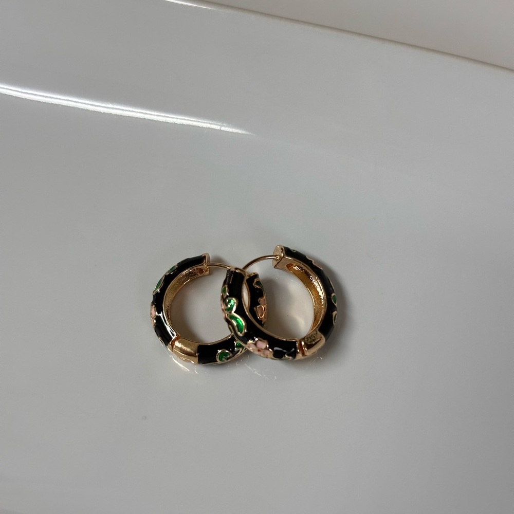 Elegant Black and Gold hand painted Hoop Earrings